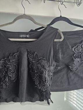 Catch Me Black Floral Applique Mesh Crop Top And Skirt